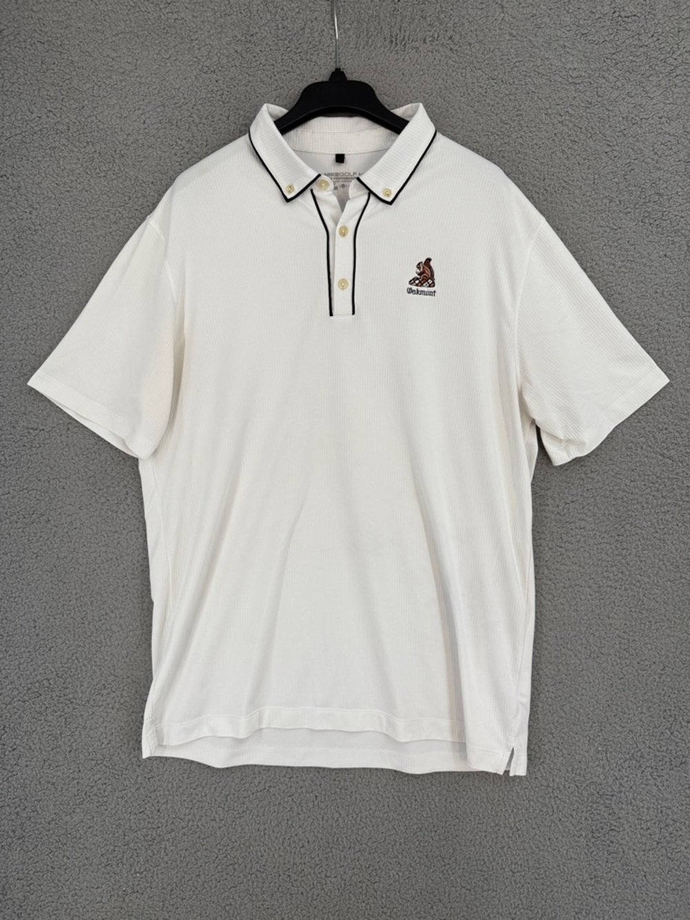 Nike Golf Tour Performance Dri-Fit White Polo Black Contrast Trim Oakmont logo